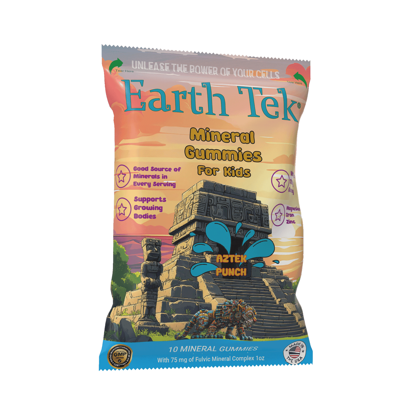 Earth Tek mineral gummies for kids packaging with Aztec-themed design.